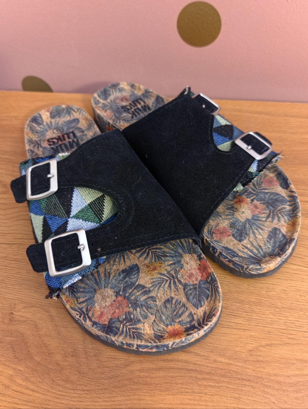 Muk Luks Black Suede Slide Sandals with Floral Footbed and Geometric Straps